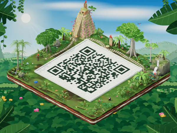 A QR code courtyard in the Jungle Temple world with a waterfall, vines and a stepped temple