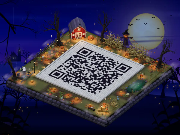 A QR code courtyard in the Pumpkin Patch world at night with glowing jack-o’-lanterns and a red barn