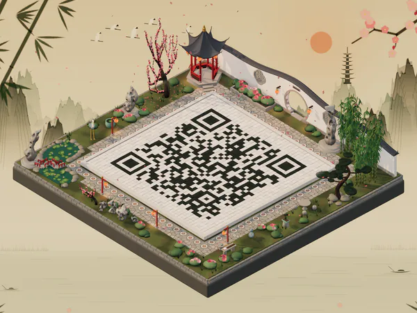 A QR code courtyard in the Scholar’s Garden with a moon gate, pavilion and lotus pond