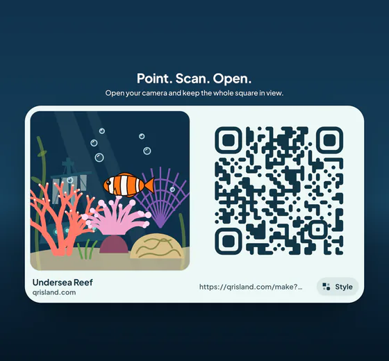 Get QR code: the same code flat on a card, beside a picture of the Undersea Reef world