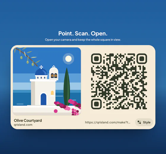 The flat, print-ready code from Get QR code on a cream card, beside a picture of a whitewashed chapel with a blue dome from the Olive Courtyard world
