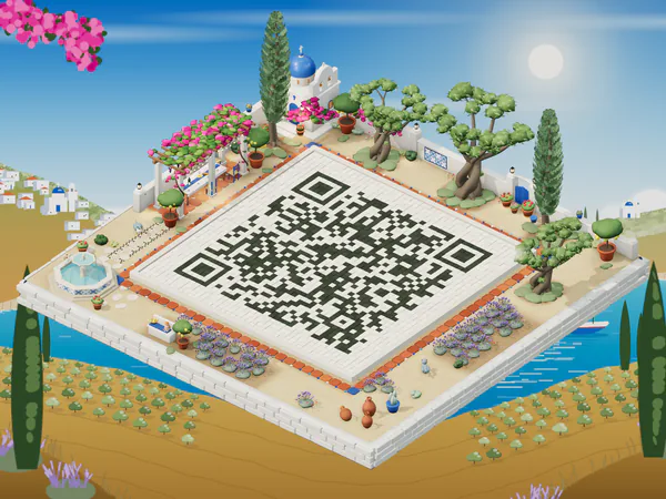 A QR code laid as the courtyard of the Olive Courtyard island, with olive trees, a whitewashed wall, a fountain and lavender