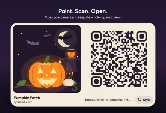 The flat Pumpkin Patch code on a cream card beside a picture of a carved pumpkin and a scarecrow, on a dark purple background