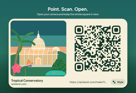A flat QR code on a cream card beside a picture of a glasshouse, palms and a hibiscus flower, under the heading Point. Scan. Open.