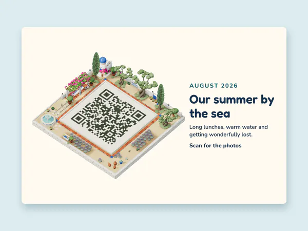 A printed trip postcard: the Olive Courtyard island with a QR code courtyard on the left, and August 2026, Our summer by the sea and Scan for the photos on the right