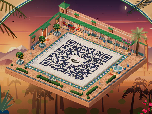 The same QR code with its logo laid as the tiled courtyard of a riad island at sunset, with arcades, orange trees and a fountain