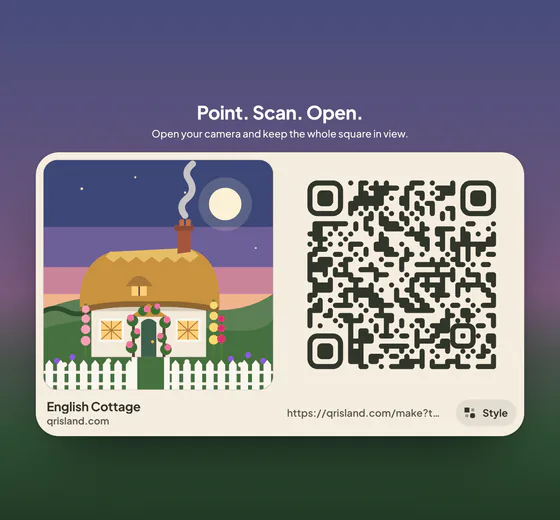 The flat, print-ready code from Get QR code on a cream card, beside a picture of a thatched cottage at night from the English Cottage world