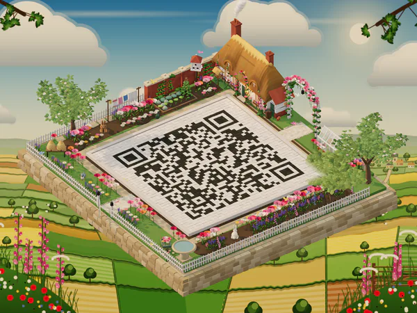 A QR code laid as the lawn of the English Cottage island, with a thatched cottage, a rose arch and a picket fence