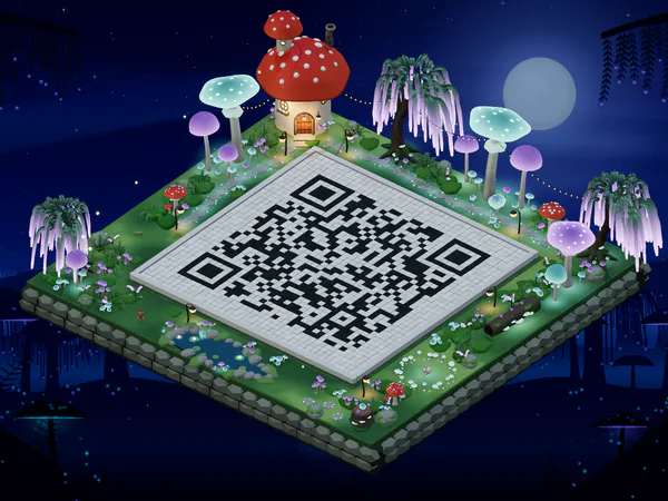 A QR code laid as the courtyard of the Mushroom Grove island at night, between glowing toadstools, a toadstool cottage and willow trees