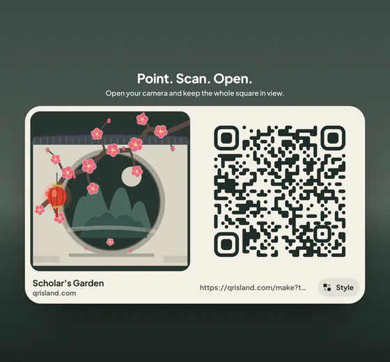 The flat, print-ready code from Get QR code on a cream card, beside a picture of a moon gate under plum blossom from Scholar’s Garden