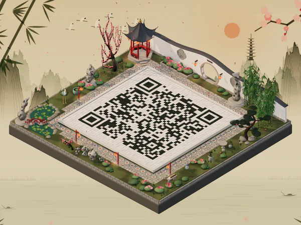 A QR code laid as the courtyard of the Scholar’s Garden island, with a red pavilion, a moon gate and a plum tree in blossom