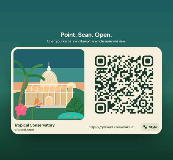 The flat, print-ready code from Get QR code on a cream card, beside a picture of the Tropical Conservatory
