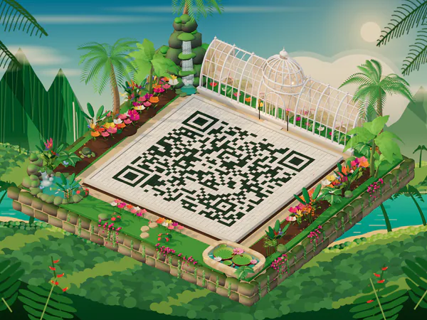 A QR code laid as the courtyard of the Tropical Conservatory island, beside a glasshouse with palms and flowering beds