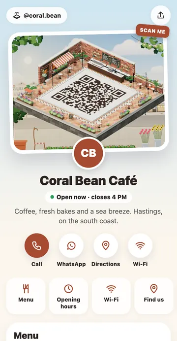 Example café page, Coral Bean Café: a café island with a QR courtyard, the café’s name, Open now, round Call, WhatsApp, Directions and Wi‑Fi buttons, and tiles for the menu, hours, Wi‑Fi and Find us
