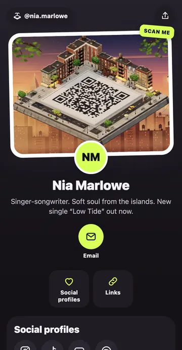 Example musician page, Nia Marlowe, in the Night theme: a city island with a QR courtyard, an Email button, social profile icons and a Listen link