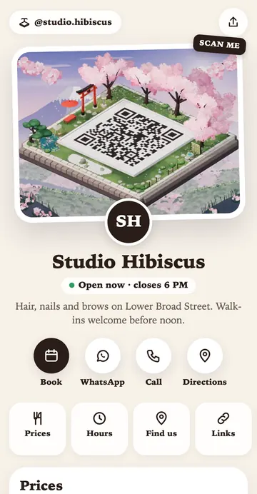 Example salon page, Studio Hibiscus: a cherry blossom island with a QR courtyard, Open now, round Book, WhatsApp, Call and Directions buttons, and the start of a price list