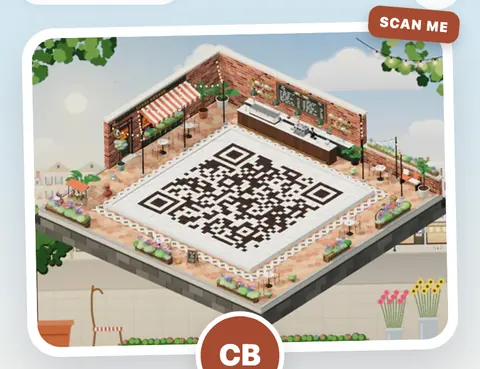 The top of the example café page: its island picture with a Scan me label, a QR code laid out as the island’s courtyard, and the café’s logo below