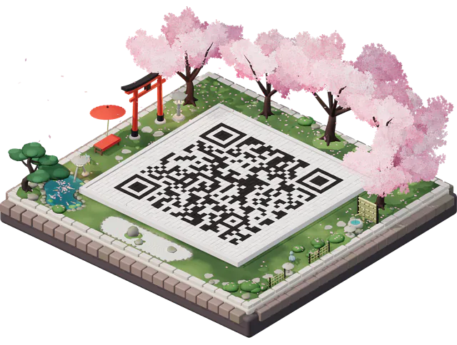 A 3D island in the Sakura Night world: cherry blossom trees, a red torii gate, a parasol and a koi pond around a QR code laid as its stone courtyard