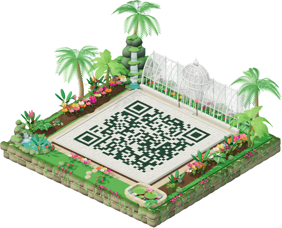A small floating island whose stone courtyard is a working QR code