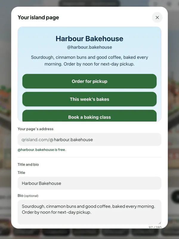 The studio’s Your island page sheet: a live preview of the page with its title, bio and link buttons, the page’s address field showing qrisland.com/@harbour.bakehouse is free, and the title and bio fields