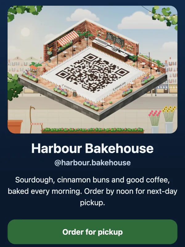 The same example page in dark mode on a phone: the Corner Café island picture above the title Harbour Bakehouse, the bio and an Order for pickup button on a deep blue background