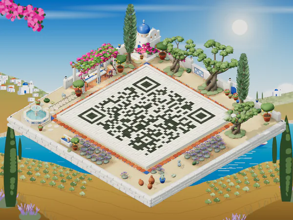 A QR code courtyard in the Olive Courtyard world with olive trees and a tiled fountain