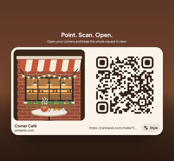 The flat, print-ready QR code as shown by Get QR code, next to the Corner Café world