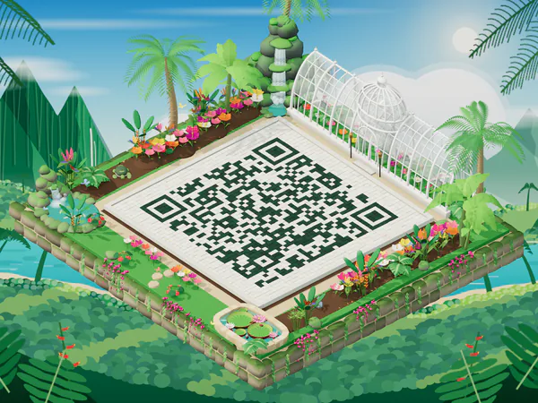 A QR code laid as a stone courtyard in the Tropical Conservatory world